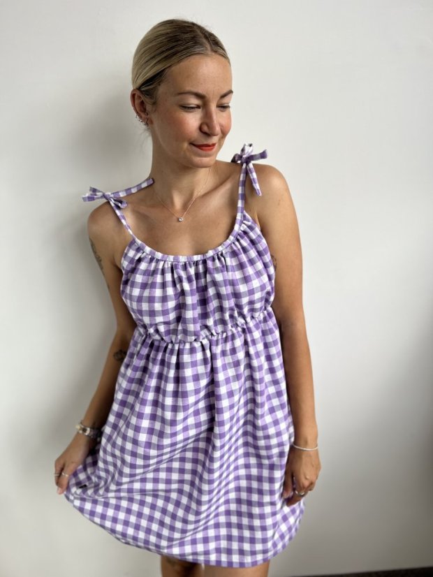 Šaty ELLA kostička - Barva: Fialová kostička, Velikost: XS