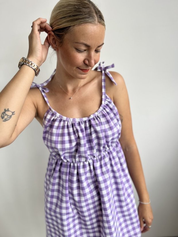 Šaty ELLA kostička - Barva: Fialová kostička, Velikost: XS